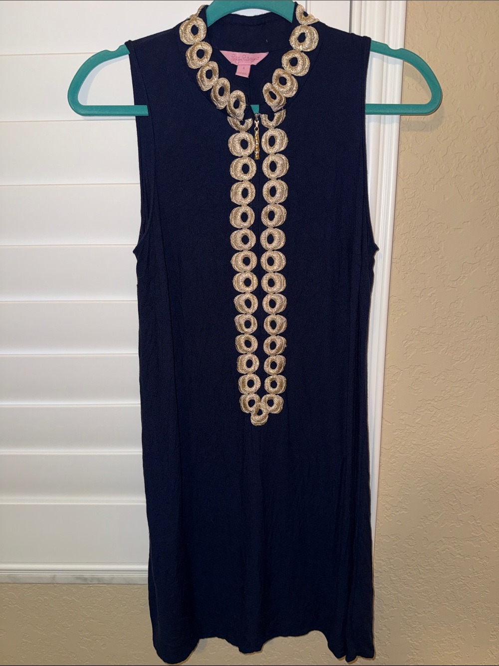 Lilly Pulitzer Navy Dress with Gold Circular Embroidered Trim
